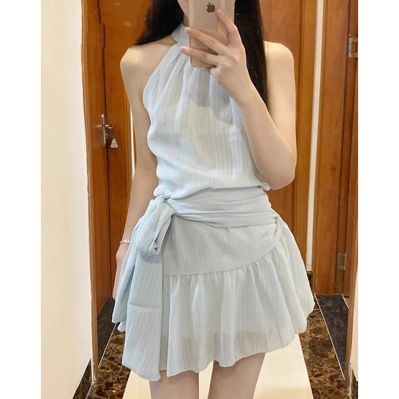 French-Style Pure Blue Spaghetti Strap Halter Dress For Women, Summer Petite Off-Shoulder Tie Short Dress - Image 2