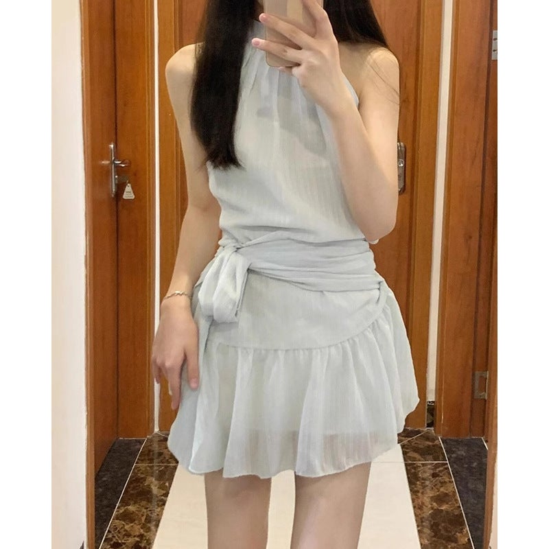 French-Style Pure Blue Spaghetti Strap Halter Dress For Women, Summer Petite Off-Shoulder Tie Short Dress - Image 4