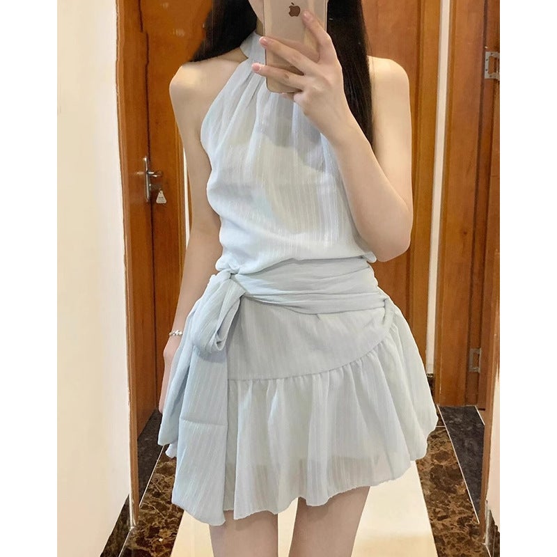 French-Style Pure Blue Spaghetti Strap Halter Dress For Women, Summer Petite Off-Shoulder Tie Short Dress - Image 3
