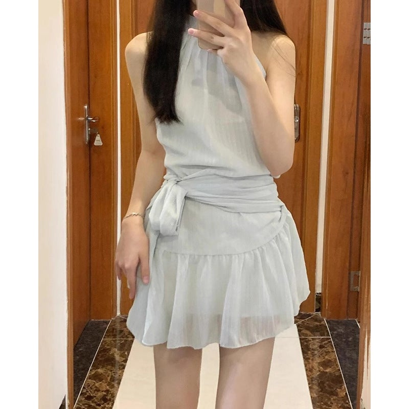 French-Style Pure Blue Spaghetti Strap Halter Dress For Women, Summer Petite Off-Shoulder Tie Short Dress - Image 5