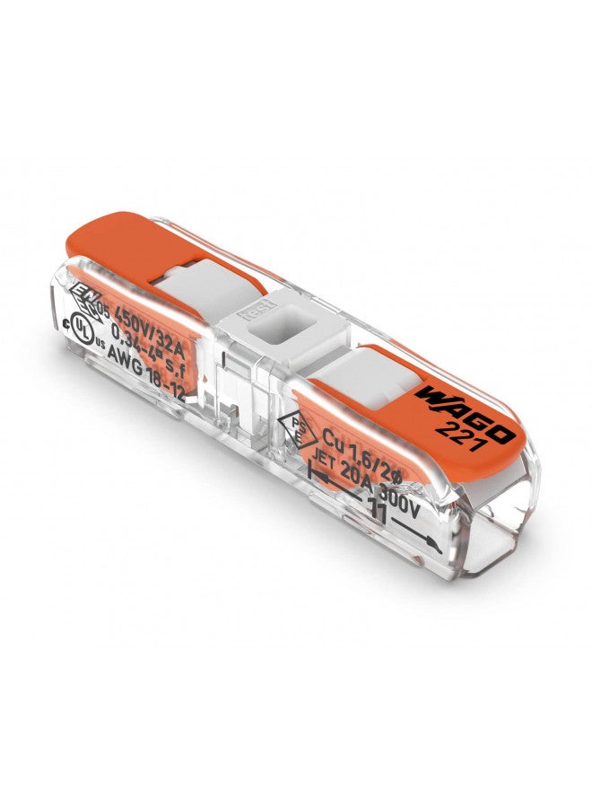 WAGO Lever-Nuts Inline Splicing Connector for Solid and Stranded Conductors, 2-Conductor with Operating Levers, 20-12 AWG, Transparent Housing, White Cover [60 Pieces] - Image 1