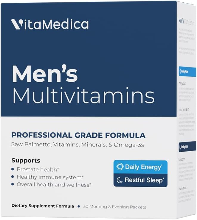 VitaMedica Mens Multivitamin with Prostate Health Support  Vitamins Minerals Omega3s and Saw Palmetto  Box of 30 Easy Daily Packs  Supports Natural Energy and Sleep  Muscle Joint Health - Image 1