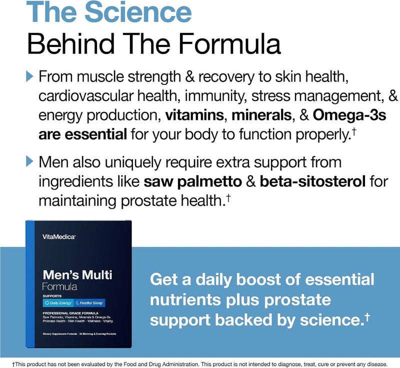VitaMedica Mens Multivitamin with Prostate Health Support  Vitamins Minerals Omega3s and Saw Palmetto  Box of 30 Easy Daily Packs  Supports Natural Energy and Sleep  Muscle Joint Health - Image 3