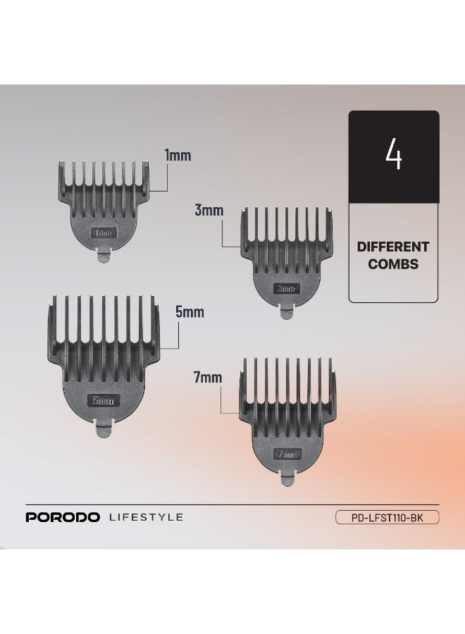 porodo Compact Rechargeable Hair & Beard Trimmer with Cord & Cordless Use & Stainless-Steel Material / 60 Minutes Working Time / Ergonomic - Black - Image 3