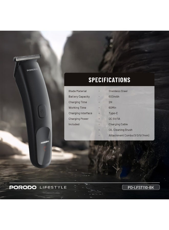 porodo Compact Rechargeable Hair & Beard Trimmer with Cord & Cordless Use & Stainless-Steel Material / 60 Minutes Working Time / Ergonomic - Black - Image 4