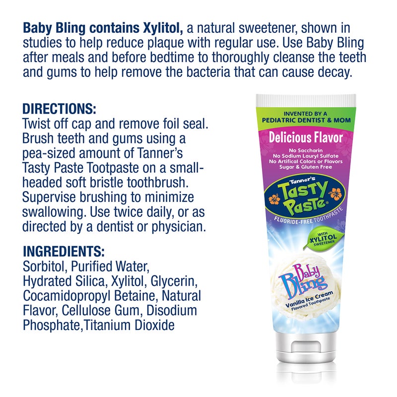 Tanner's Tasty Paste Baby Bling - Anticavity Fluoride-Free Childrenâ€™s Toothpaste/Great Tasting, Safe, and Effective Vanilla Flavored Toothpaste for Kids (4.2 oz.) - Image 2