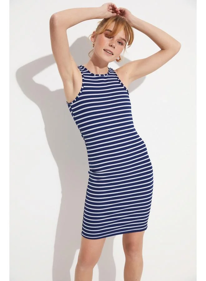 JUNE June Women Fitted Mini Length Halter Neck Striped Knitted Dress Navy