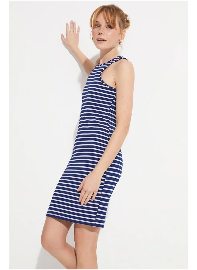 جون June Women Fitted Mini Length Halter Neck Striped Knitted Dress Navy