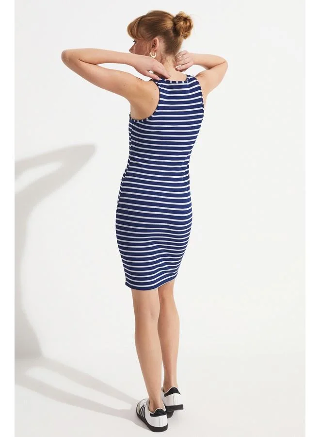 JUNE June Women Fitted Mini Length Halter Neck Striped Knitted Dress Navy