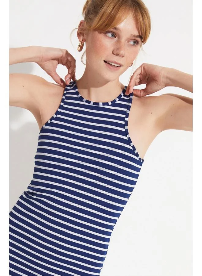 JUNE June Women Fitted Mini Length Halter Neck Striped Knitted Dress Navy
