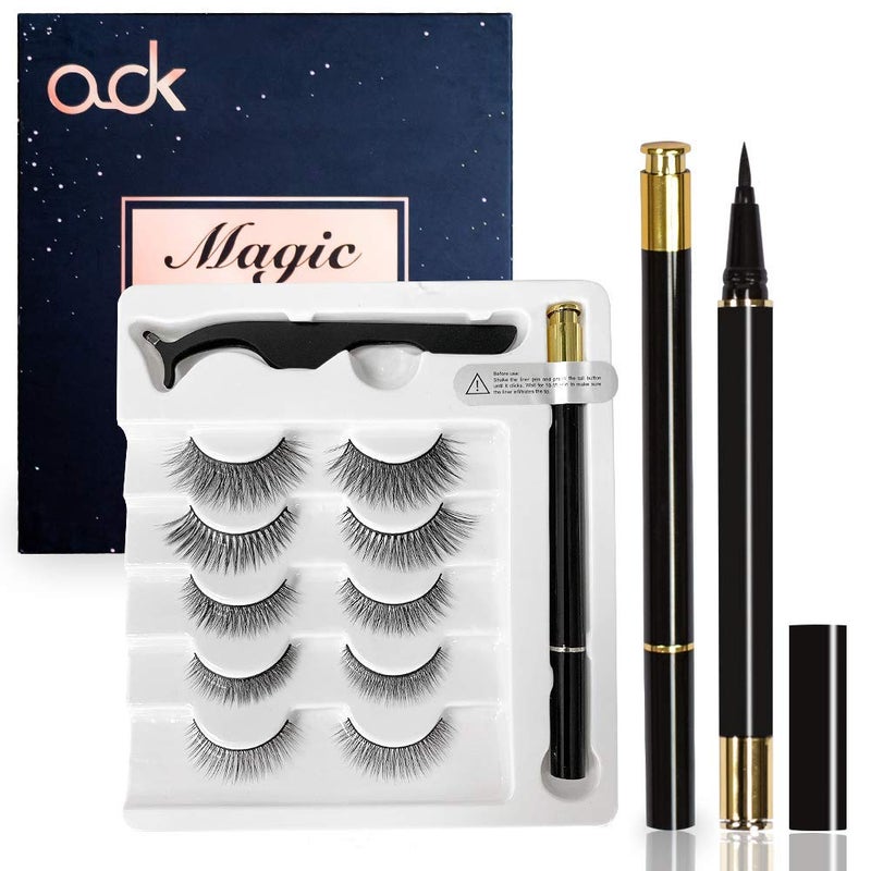 OOK Magic Eyeliner and Eyelashes KitNo Glue No megnetic Reusable Silk 3D Faux Lashes set 5 Pairs Natural Look easy remover Eyelashes