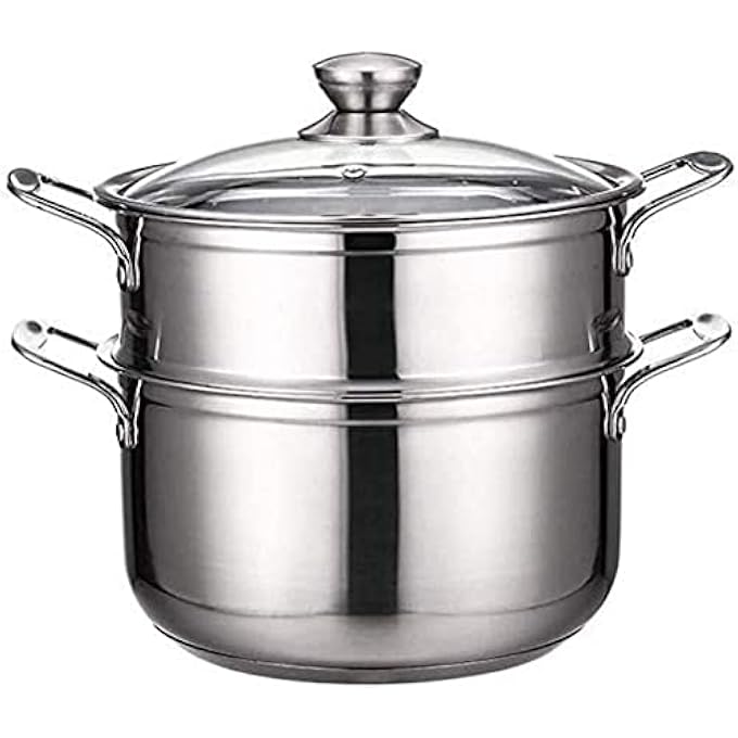 وعاء حساء بخاري مزدوج الطبقات ذو قاعدة مركبة من الفولاذ المقاوم للصدأ وغطاء زجاجي مقوى مناسب لجميع أجهزة الطهي الحثية