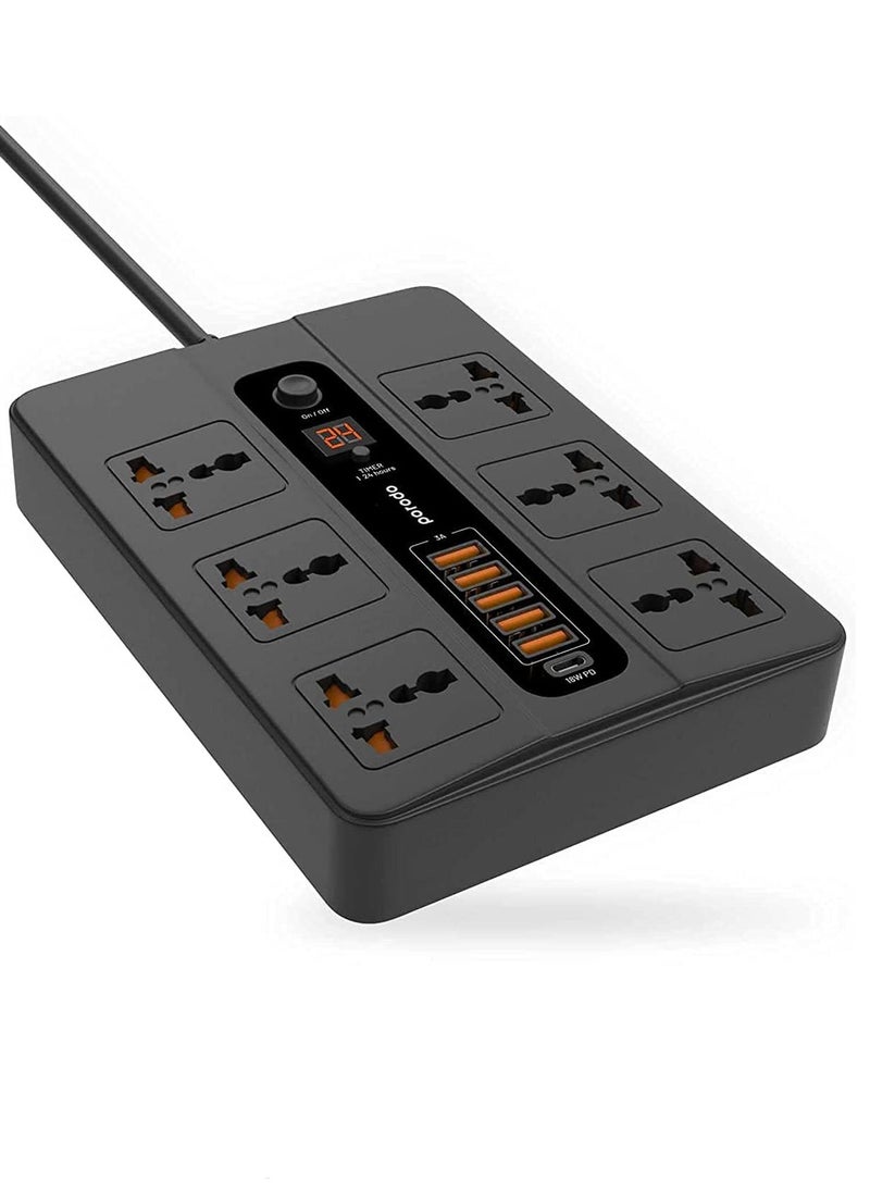 Generic Universal Power Socket, 6 AC Output 5 USB Port & USB-C PD 18W Multiport Socket, Power HUB Built-in Timer, Fire-Proof Material Power Strip, 200cm Extension Cord, Charging Station (Black)  - Image 1