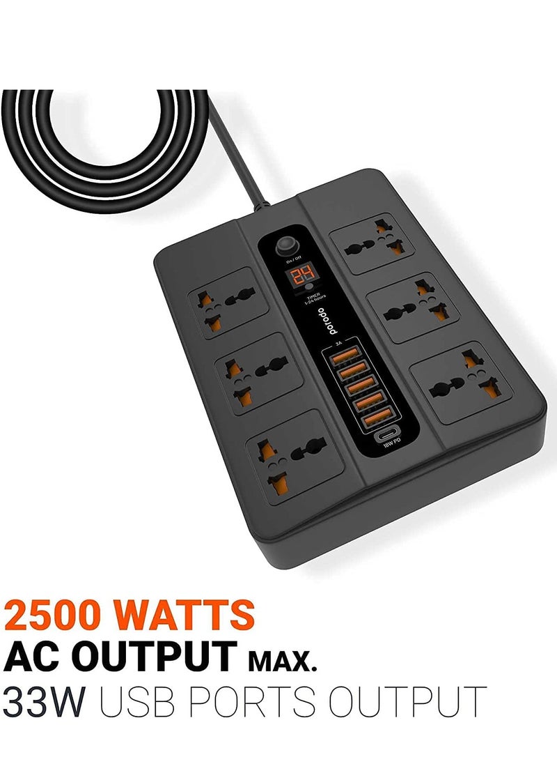 Generic Universal Power Socket, 6 AC Output 5 USB Port & USB-C PD 18W Multiport Socket, Power HUB Built-in Timer, Fire-Proof Material Power Strip, 200cm Extension Cord, Charging Station (Black)  - Image 2