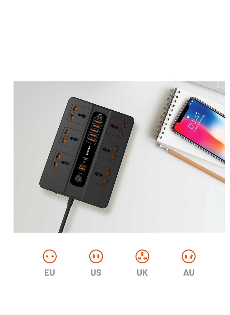 Generic Universal Power Socket, 6 AC Output 5 USB Port & USB-C PD 18W Multiport Socket, Power HUB Built-in Timer, Fire-Proof Material Power Strip, 200cm Extension Cord, Charging Station (Black)  - Image 4