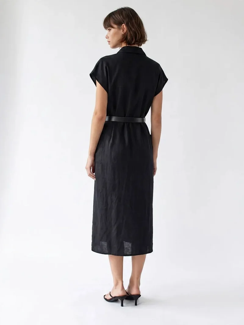 Mixray Black MIXRAY Belted Midi Shirt Dress for Women | Best Price UAE