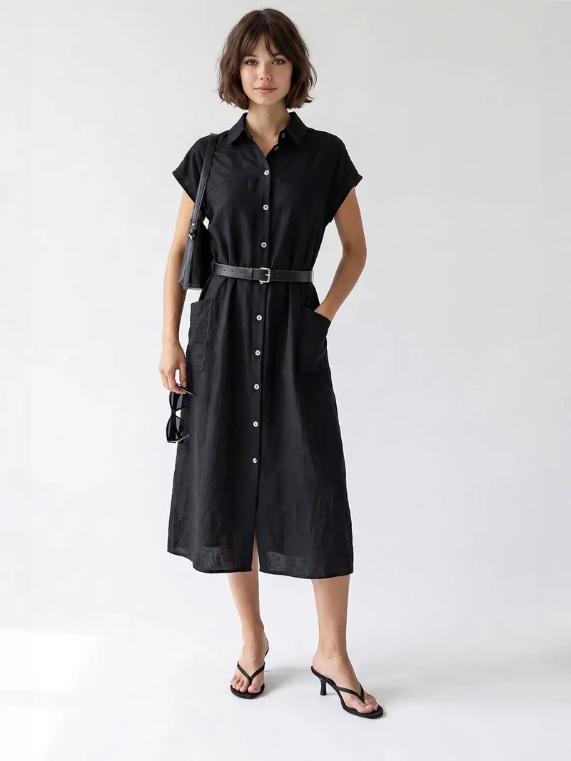 MixRay MIXRAY Belted Midi Shirt Dress