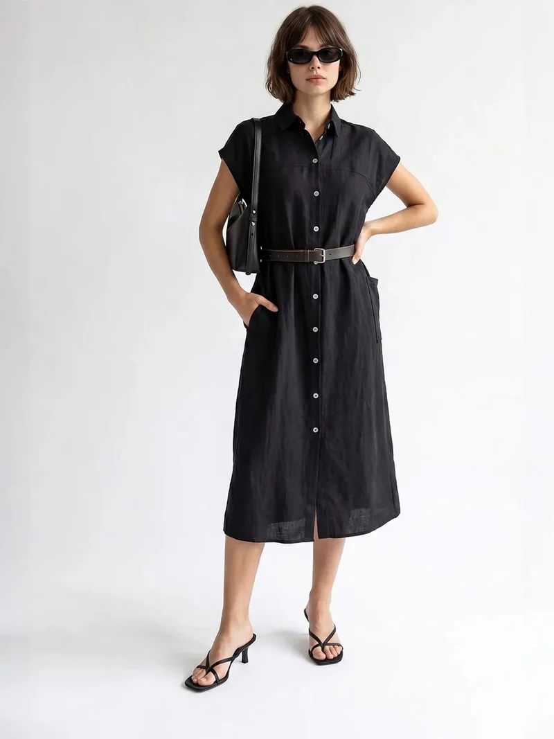 Mixray Black MIXRAY Belted Midi Shirt Dress for Women | Best Price UAE