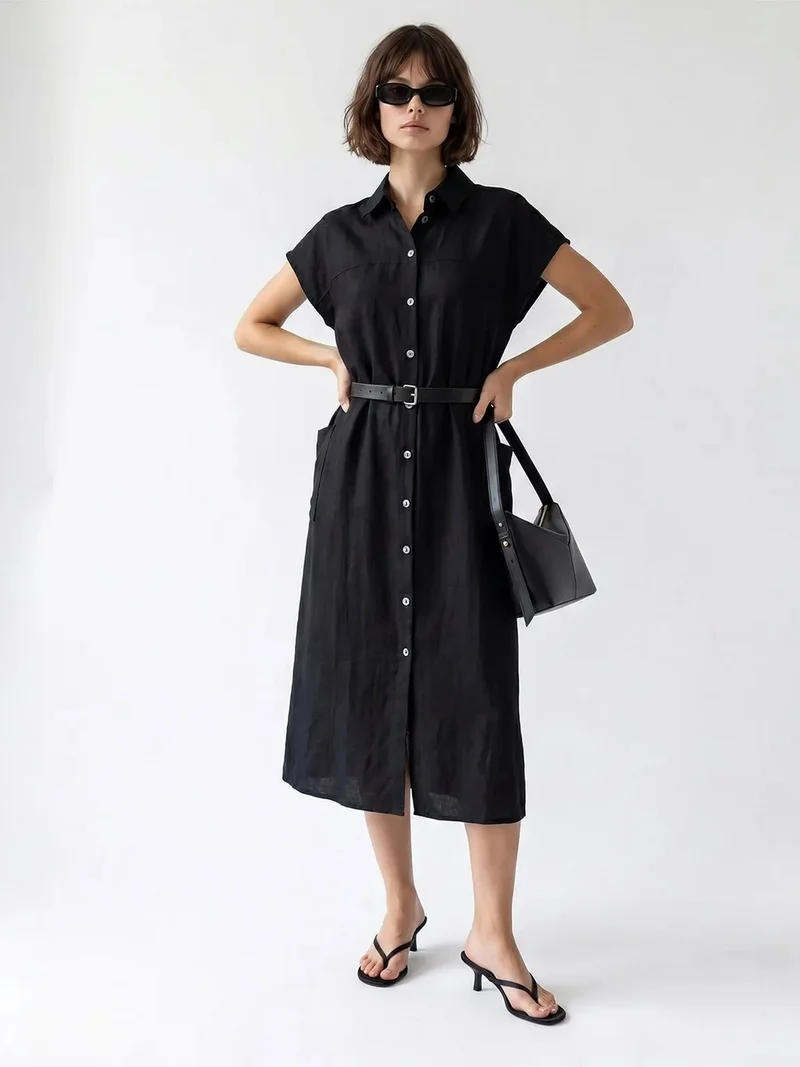 Mixray Black MIXRAY Belted Midi Shirt Dress for Women | Best Price UAE