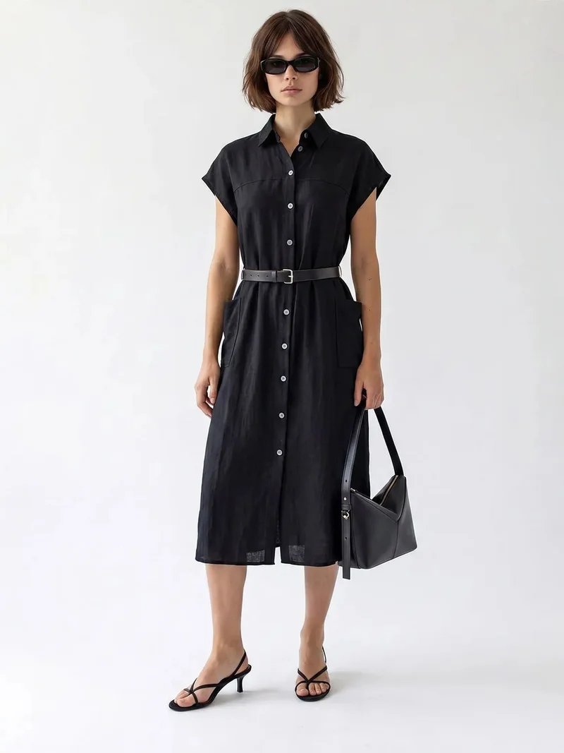MixRay MIXRAY Belted Midi Shirt Dress