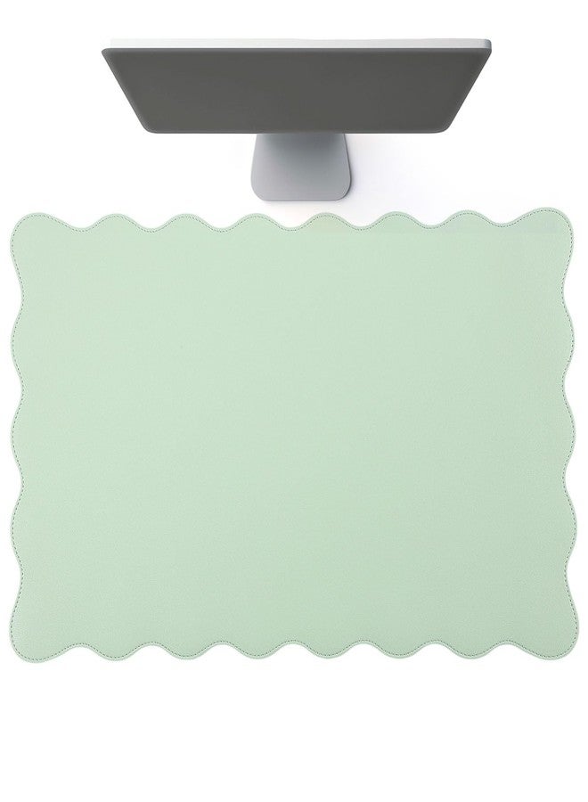 Tellegloww Scalloped Desk Mat Leather Desk Pad Protector Non-Slip PU Leather Table Protector Waterproof Mouse Pad Keyboard Mat Curly Mousepad PC Accessories Gift for Office Home (Sage Green) - Image 1