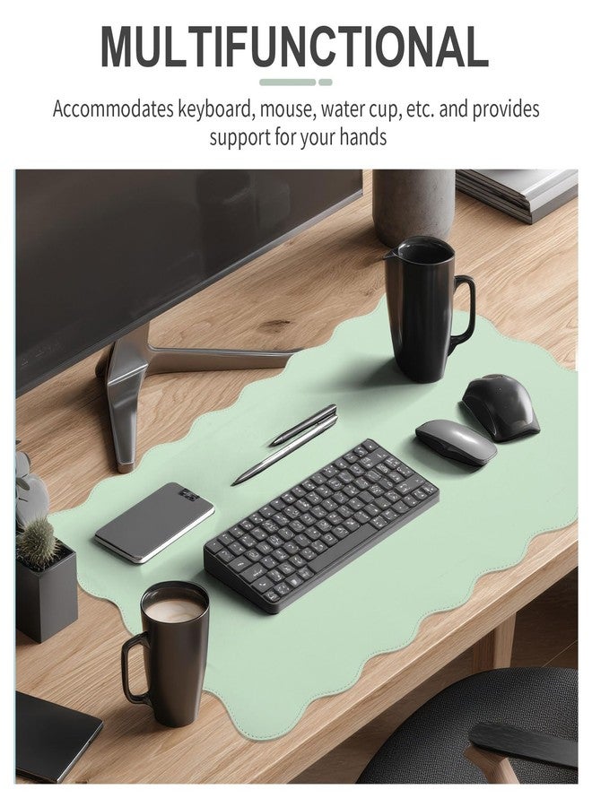 Tellegloww Scalloped Desk Mat Leather Desk Pad Protector Non-Slip PU Leather Table Protector Waterproof Mouse Pad Keyboard Mat Curly Mousepad PC Accessories Gift for Office Home (Sage Green) - Image 2