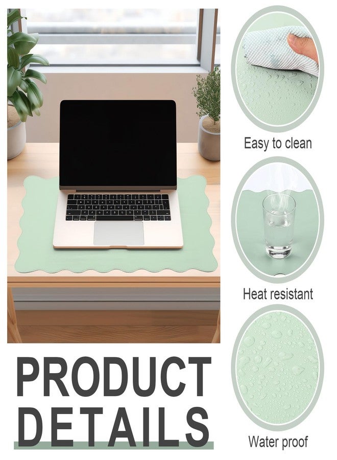 Tellegloww Scalloped Desk Mat Leather Desk Pad Protector Non-Slip PU Leather Table Protector Waterproof Mouse Pad Keyboard Mat Curly Mousepad PC Accessories Gift for Office Home (Sage Green) - Image 3