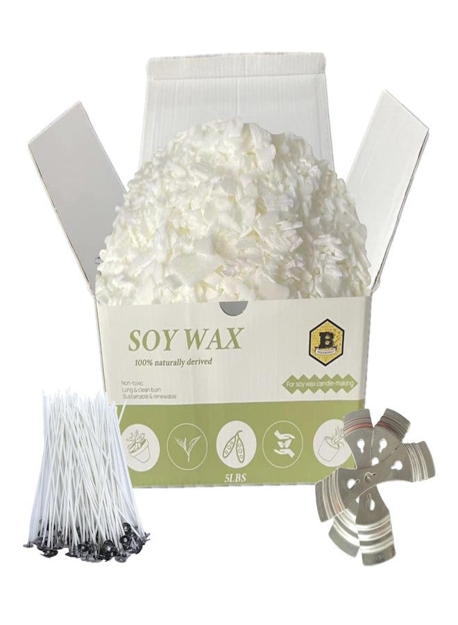 Beesworks Soy Wax | 5lbs Natural Soy Wax Flakes | 100 6-Inch Cotton Candle Wicks, 3 Metal Centering Devices, 5lbs Soy Wax for DIY Candle Making - Image 1