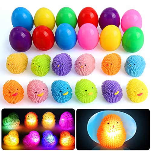 SURCVIO 12 Pack Easter Eggs Fillers LED Chick Puffer Balls, Easter Basket Stuffers with Light Up Stress Relief Fidget Toys Squeeze Ball, Easter Egg Hunt Party Favor for Kids Boys Girls Toddler Teens - Image 4