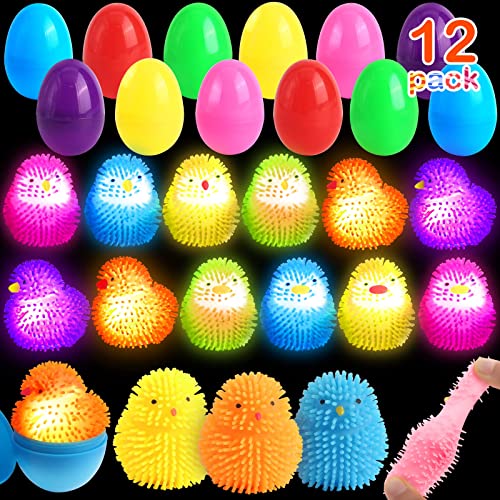 SURCVIO 12 Pack Easter Eggs Fillers LED Chick Puffer Balls, Easter Basket Stuffers with Light Up Stress Relief Fidget Toys Squeeze Ball, Easter Egg Hunt Party Favor for Kids Boys Girls Toddler Teens - Image 1