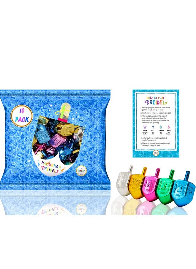 Hanukkah Dreidels Metallic Multi-Colored Dreidels With English Translation, Spinning Tops Includes Dreidel Game Instruction Card (10-Pack)