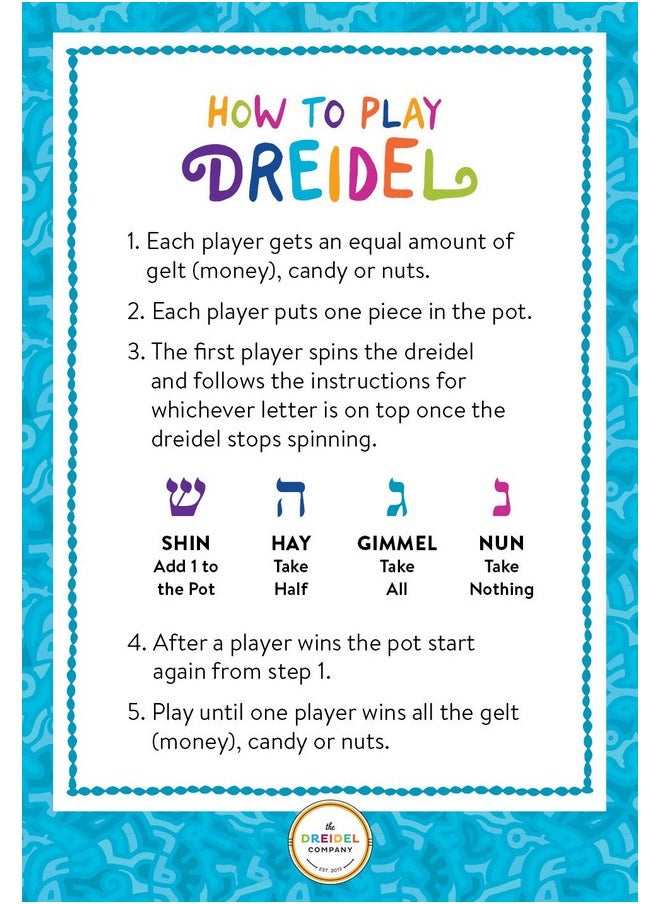 Hanukkah Dreidels Metallic Multi-Colored Dreidels With English Translation, Spinning Tops Includes Dreidel Game Instruction Card (10-Pack)