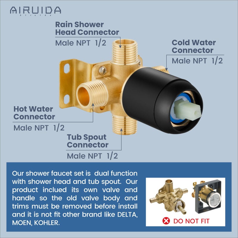 Airuida Shower Faucet Set With Tub Spout Bathtub Faucet Kit Shower Tub Faucet Set Complete Tub Shower Trim Kit With Solid Brass Rough-In Valve Rainfall Round 6 Inch Shower Head Matte Black - Image 2