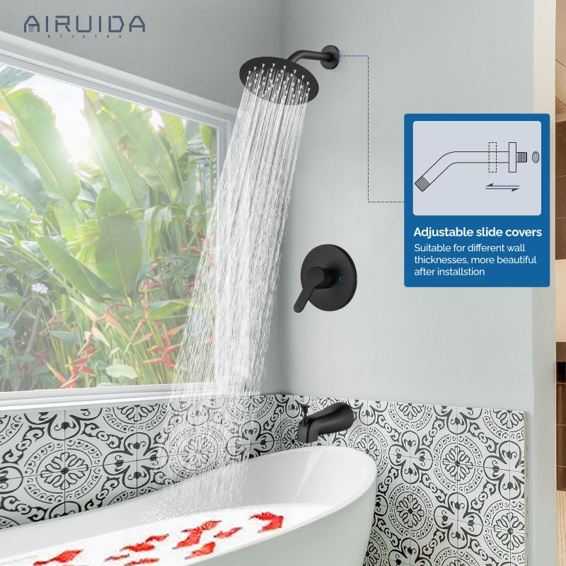 Airuida Shower Faucet Set With Tub Spout Bathtub Faucet Kit Shower Tub Faucet Set Complete Tub Shower Trim Kit With Solid Brass Rough-In Valve Rainfall Round 6 Inch Shower Head Matte Black - Image 3