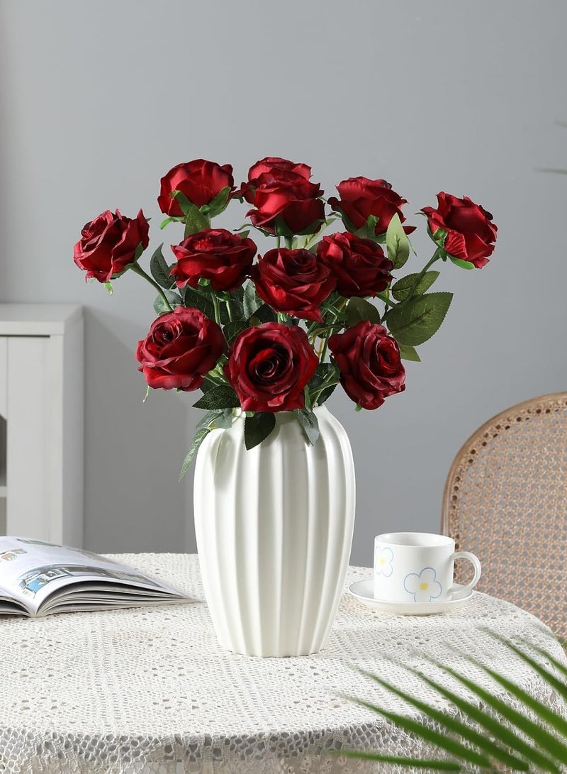 روك بو 12 قطعة من الورود الحمراء الصناعية من الحرير لباقة الزفاف العرائسية ذات مظهر واقعي - Image 1