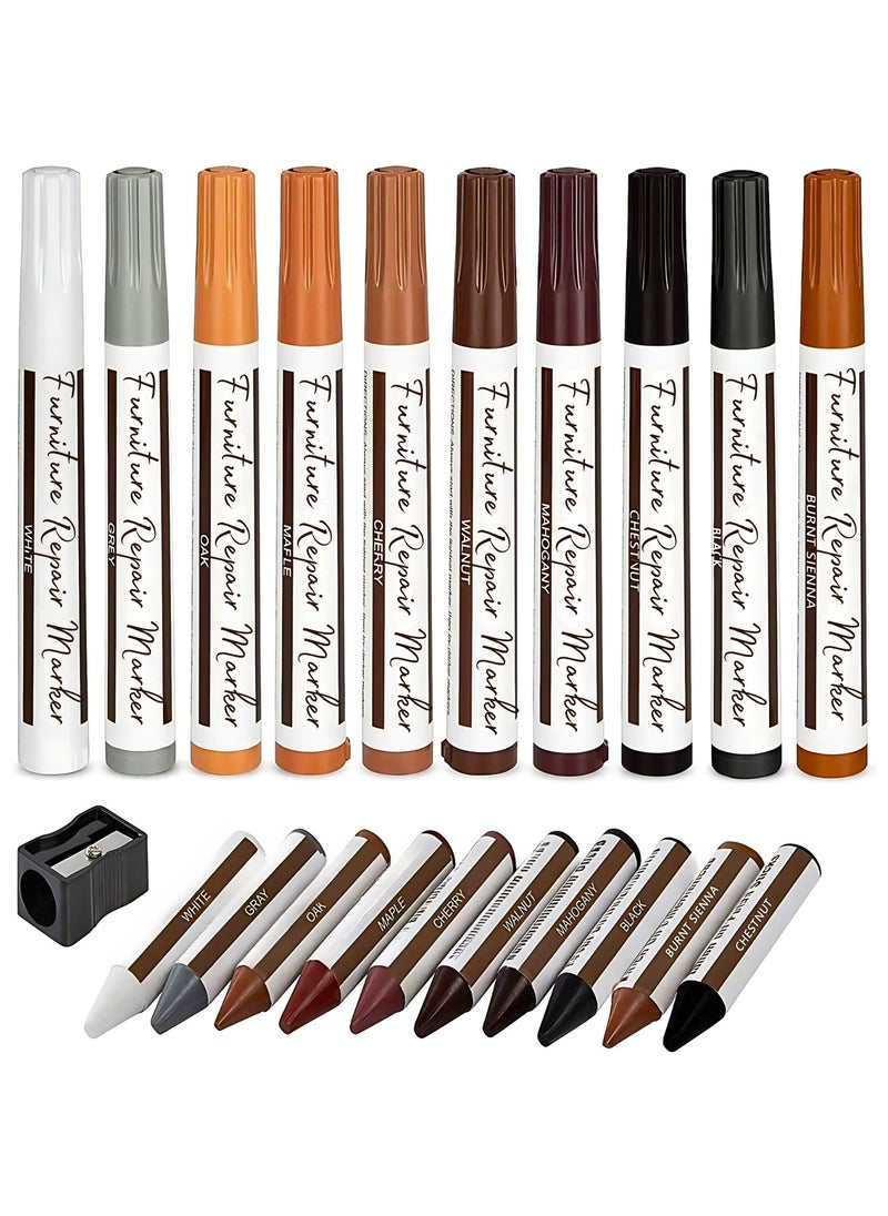VIO Total Furniture Repair System Furniture Markers Furniture Repair Restore Kit 21 PCS Furniture Touch Up Set Wood Furniture Floor Doors Restoration Pack for Scratches Scuffs Nicks Cracks Discoloration with 10 Markers 10 Wax Stick Crayons 1 Sharpener Easy to Use Scratch Remover Scratch Corrector  - Image 1
