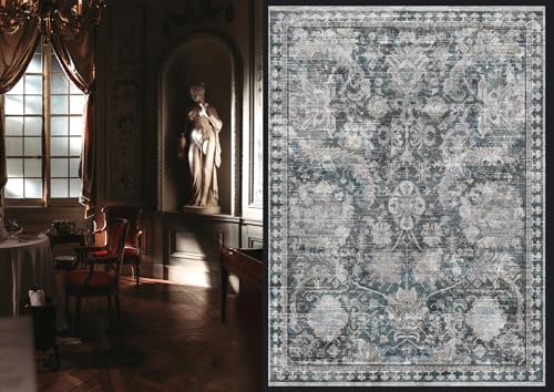 RUGSURE Washable Area Rugs Perfect for Living Room Bedroom Kids Room Nursery Stain Water Resistant NonSlip Pet Child Friendly Vintage Tribal Area Rugs Grey and Blue 4 x 6 - Image 3