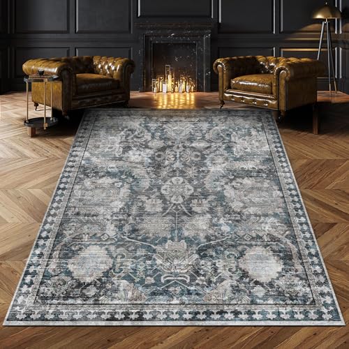 RUGSURE Washable Area Rugs Perfect for Living Room Bedroom Kids Room Nursery Stain Water Resistant NonSlip Pet Child Friendly Vintage Tribal Area Rugs Grey and Blue 4 x 6 - Image 1