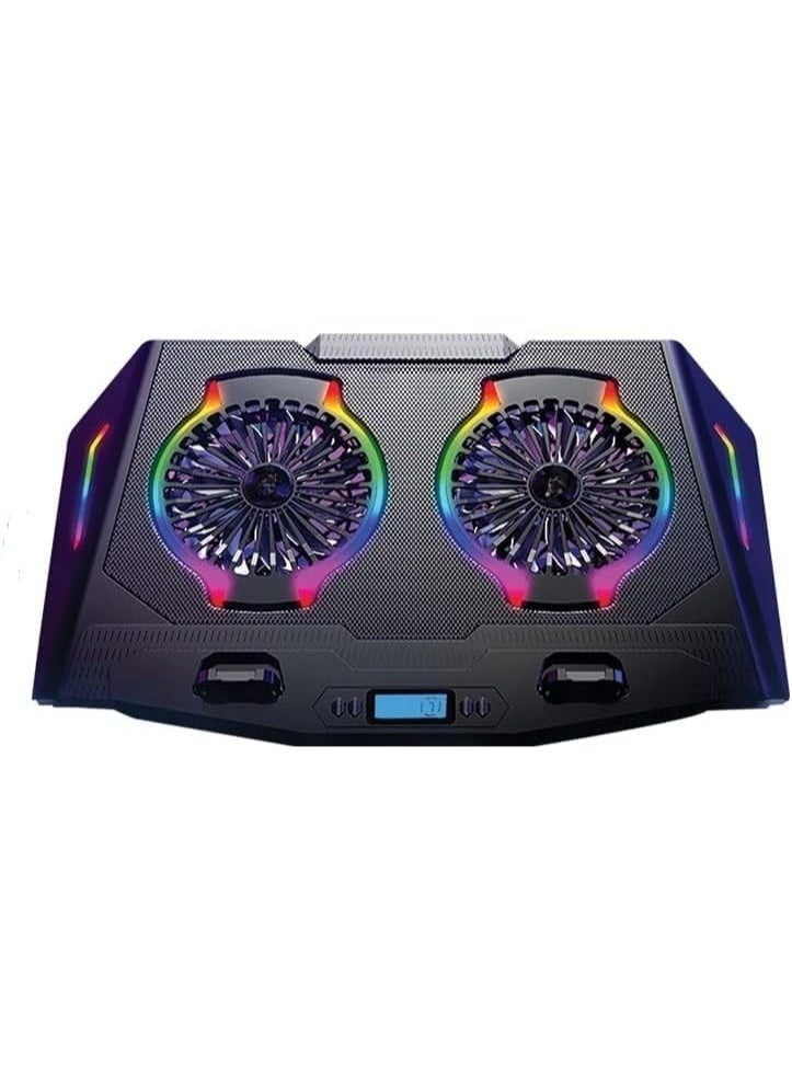 مبرد لاب توب مع حامل موبايل – مروحتان كبيرتان، شاشة LCD، ومنفذي USB - Image 2