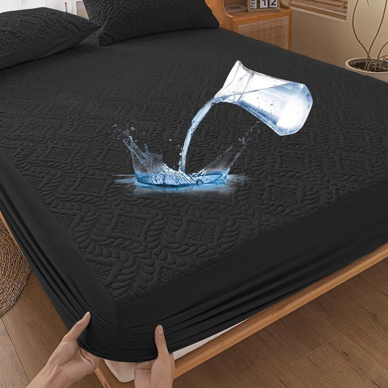 Sufdari Waterproof Mattress Protector 90 x 200 cm Fitted Sheet Luxury, 3D Pattern, Super Absorbent, Breathable Mattress Cover, Waterproof Mattress Protection, Moisture Protection, Fitted Sheets - Black - Image 1