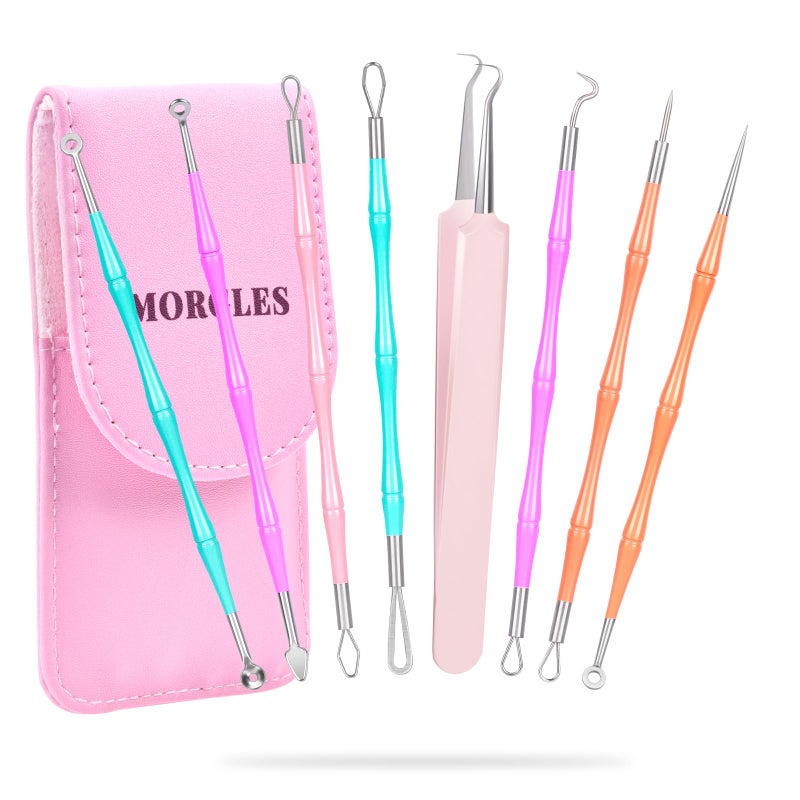 طقم أدوات ضغط الحبوب MORGLES 14 رؤوس أدوات احترافية من الفولاذ المقاوم للصدأ لاستخراج الحبوب للبشرة والأنف مع حقيبة جلدية