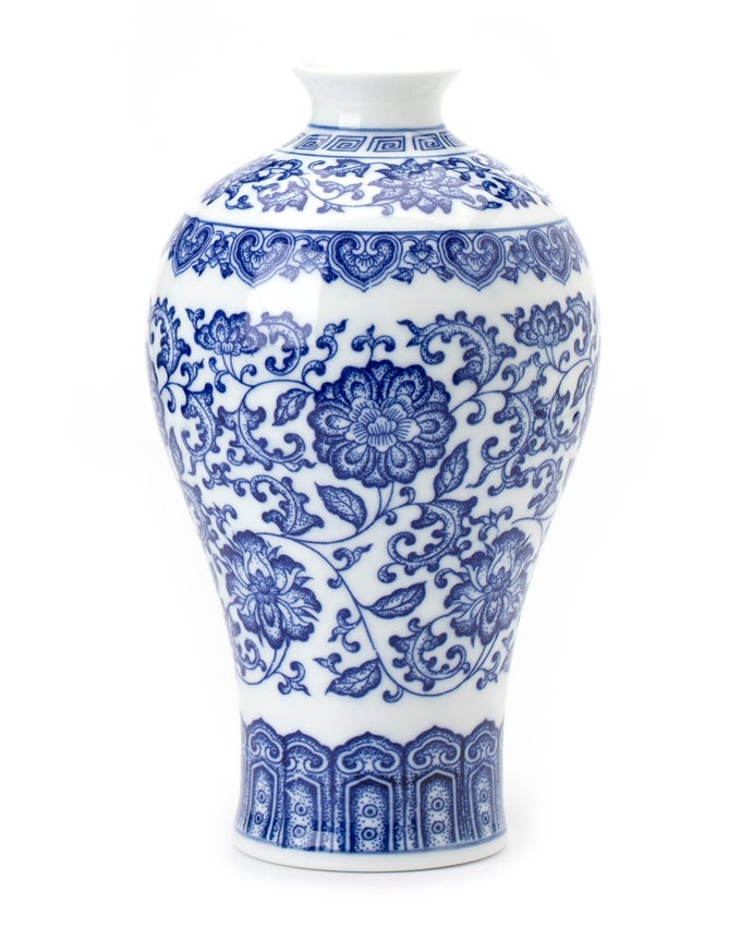 BLUE AND WHITE CHINOISERIE GINGER JAR VASE FOR HOME DECOR PORCELAIN 9 H
