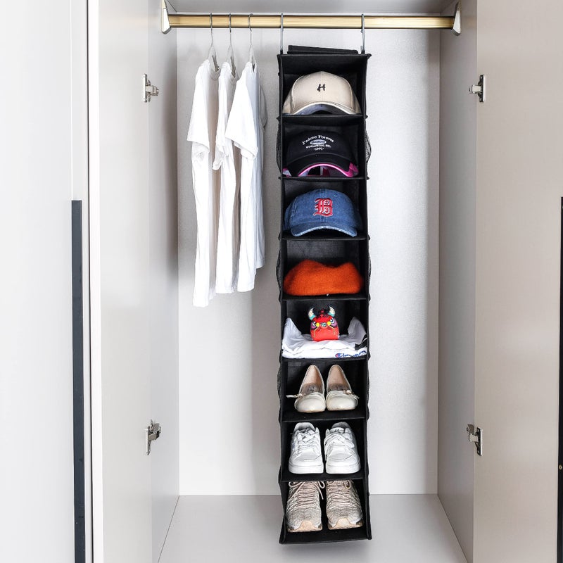 Berdeng Hanging Shoe Organizer for Closet with Side Mesh Pocketsï¼ŒHat Racks for Baseball Capsï¼ŒShoe and Hat Holder & Storageï¼Œ8-Shelfï¼ŒBlackï¼Œ1 Pack - Image 3
