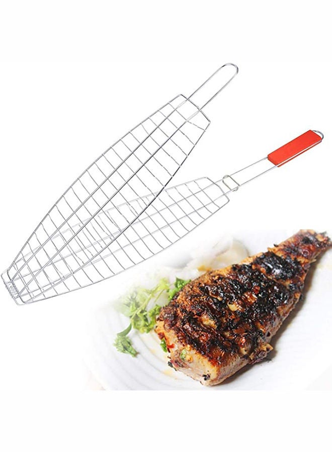 شواية السمك، حديد مطلي بالكروم، شواية شواء محمولة قابلة للطي للأسماك والخضروات والروبيان مع مقبض خشبي مقاوم للحرارة قابل للإزالة - Image 3