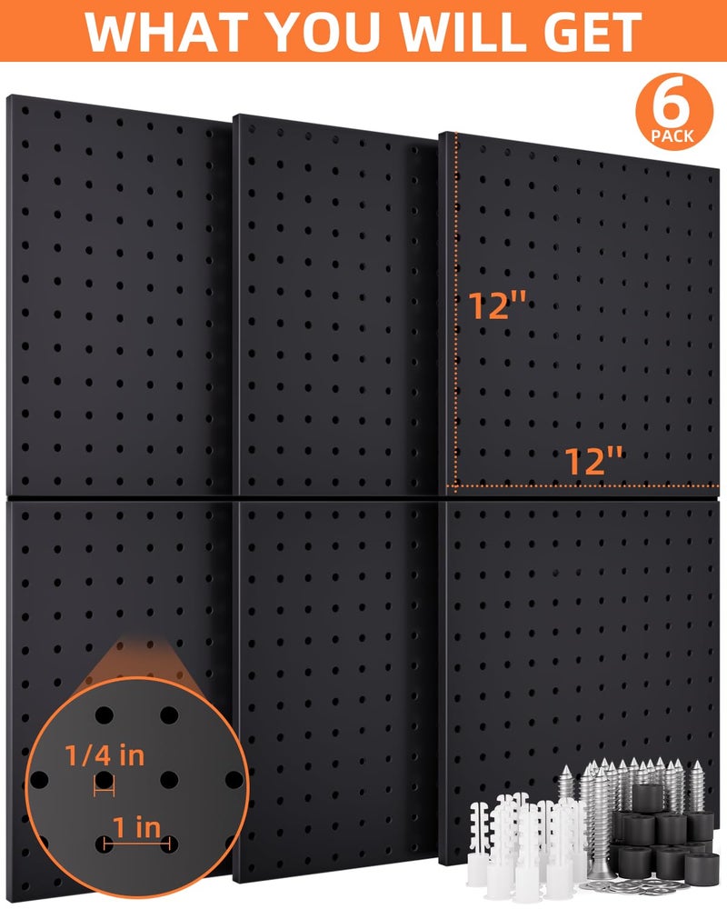 INCLY 6 Pack 12"x12" Black Metal Pegboard Panels, Heavy Duty Pegboard Wall Organizer with Frame, Black Peg Board for Walls, Garage, Workbench, Shed, Kitchen, Craft Room Tool Organization - Image 2