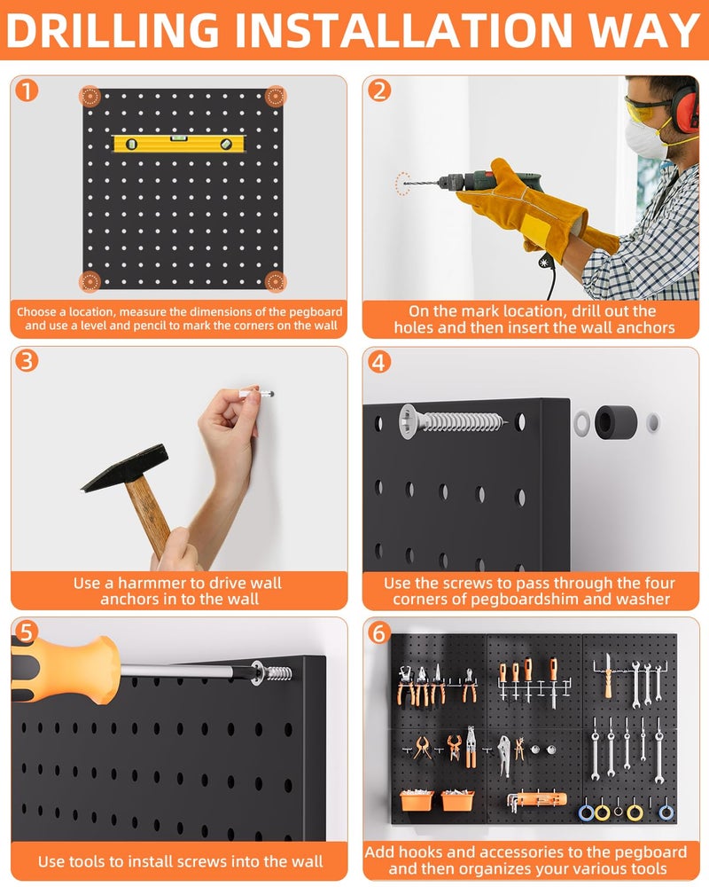 INCLY 6 Pack 12"x12" Black Metal Pegboard Panels, Heavy Duty Pegboard Wall Organizer with Frame, Black Peg Board for Walls, Garage, Workbench, Shed, Kitchen, Craft Room Tool Organization - Image 3