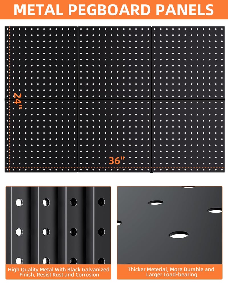 INCLY 6 Pack 12"x12" Black Metal Pegboard Panels, Heavy Duty Pegboard Wall Organizer with Frame, Black Peg Board for Walls, Garage, Workbench, Shed, Kitchen, Craft Room Tool Organization - Image 4