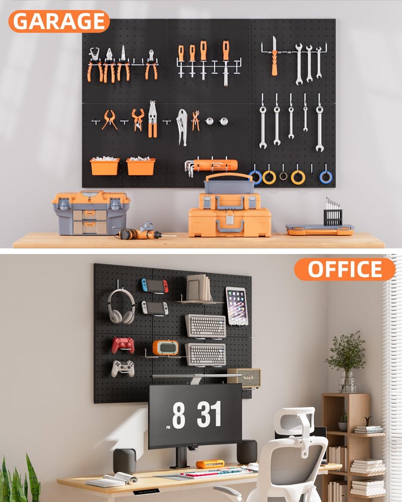 INCLY 6 Pack 12"x12" Black Metal Pegboard Panels, Heavy Duty Pegboard Wall Organizer with Frame, Black Peg Board for Walls, Garage, Workbench, Shed, Kitchen, Craft Room Tool Organization - Image 5