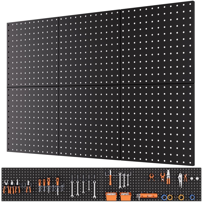 INCLY 6 Pack 12"x12" Black Metal Pegboard Panels, Heavy Duty Pegboard Wall Organizer with Frame, Black Peg Board for Walls, Garage, Workbench, Shed, Kitchen, Craft Room Tool Organization - Image 1