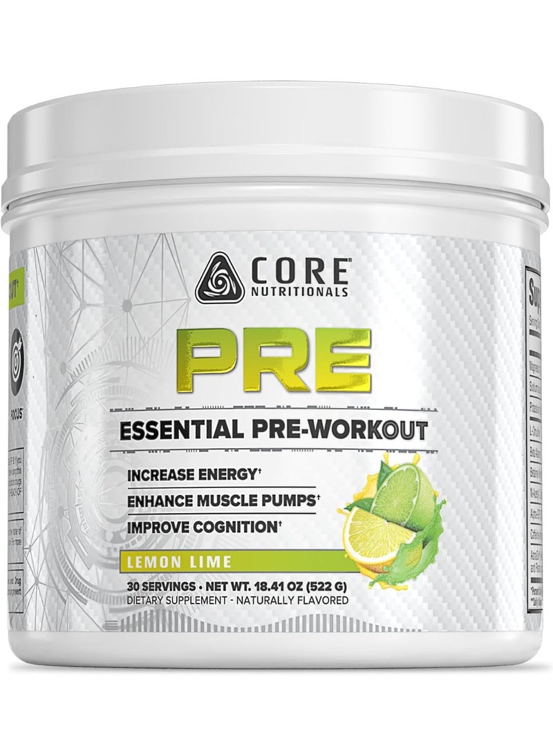 كور نيوتريشنالز بري إسينشال قبل التمرين من Core Nutritionals بنكهة الليمون واللايم522 جم – 30 حصة لدعم الطاقة والأداء الرياضي - Image 1